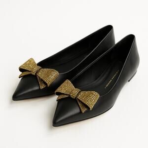 Giuseppe Zanotti Crystal Bow Black Leather Flats Pointed Toe
